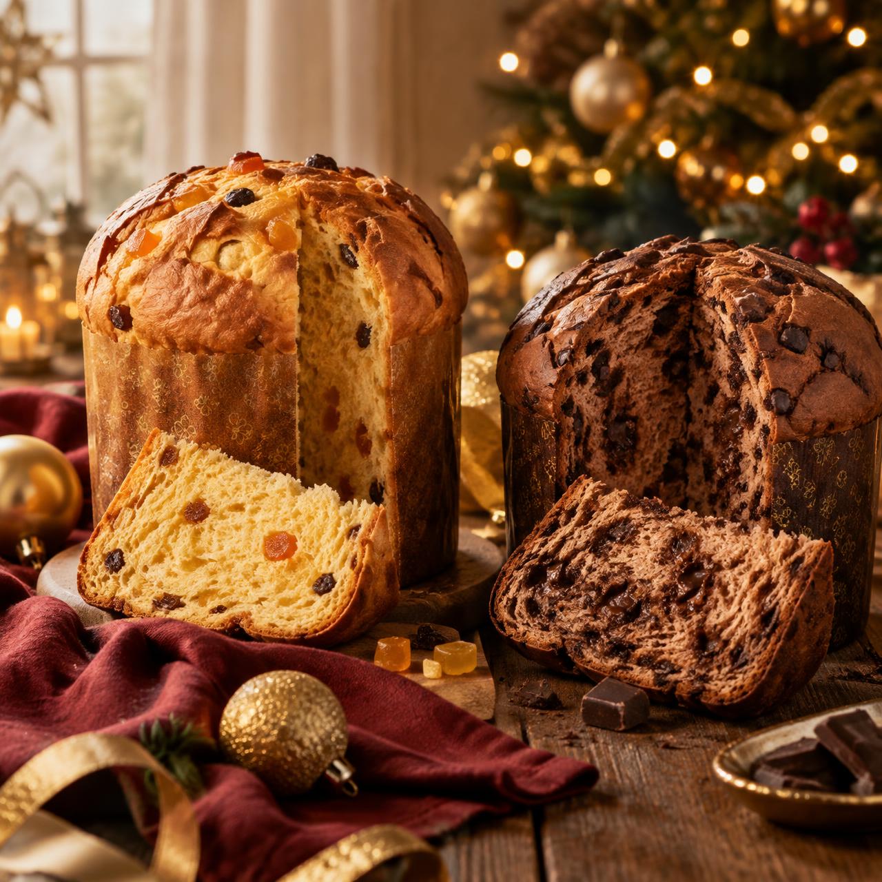 Panetone tradicional e chocotone cortados sobre mesa natalina